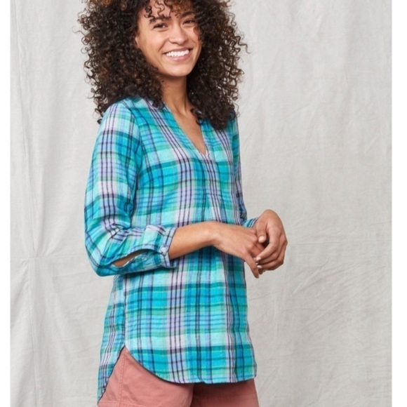 L.L.Bean 100% Linen Premium Washable Linen Long Tunic Top Plaid Small - Picture 1 of 11